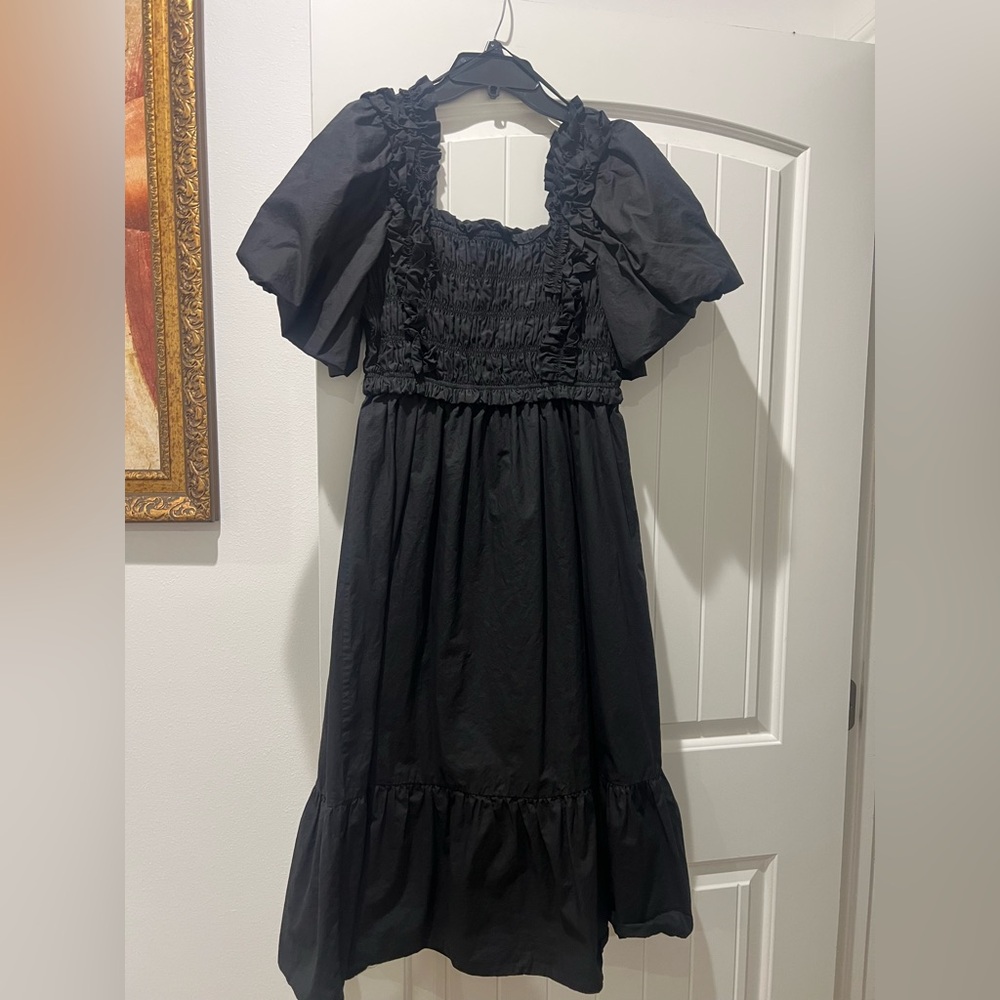 English Factory Black Puff-Sleeve Smocked-Top Dress